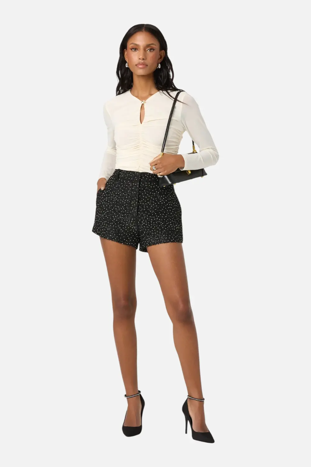 Astr The Label Wynn Beaded Tweed Shorts In Black 1