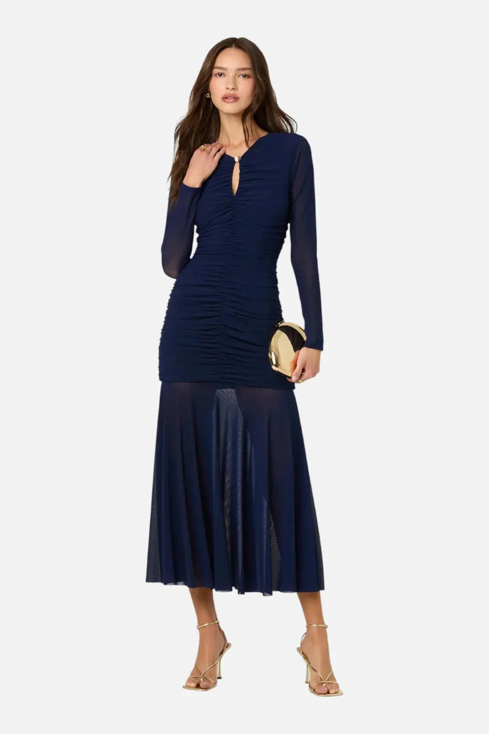 Astr The Label Yasmine Rushed Long Sleeve Dress In Navy 1