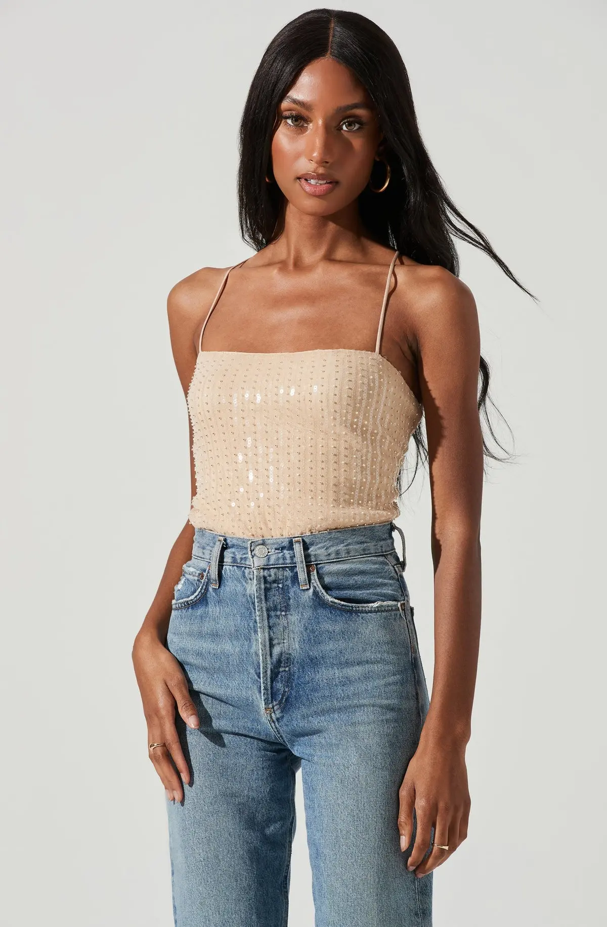 Zahara Beaded Strappy Bodysuit In Nude 1