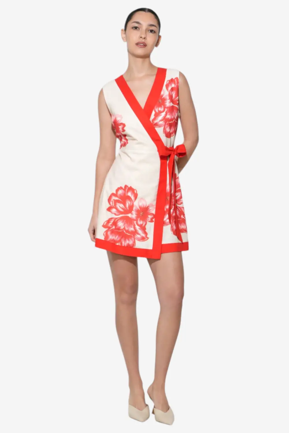 Adelyn Rae Amara Faux Wrap Mini Dress In Cream & Red 1