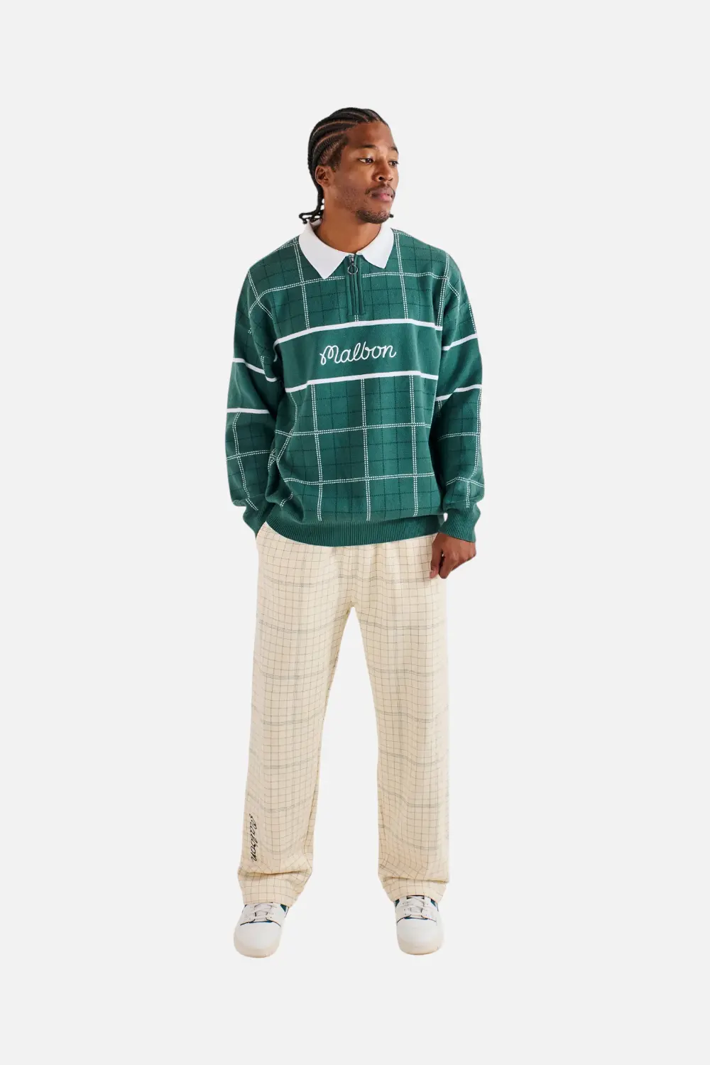 Malbon Golf Men's Bon Script Plaid Sweatpant In Ivory 1