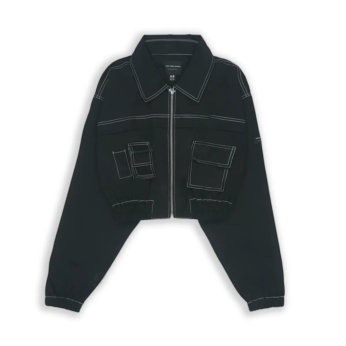 Cropped Utility Jacket In Black With White Stitched 1