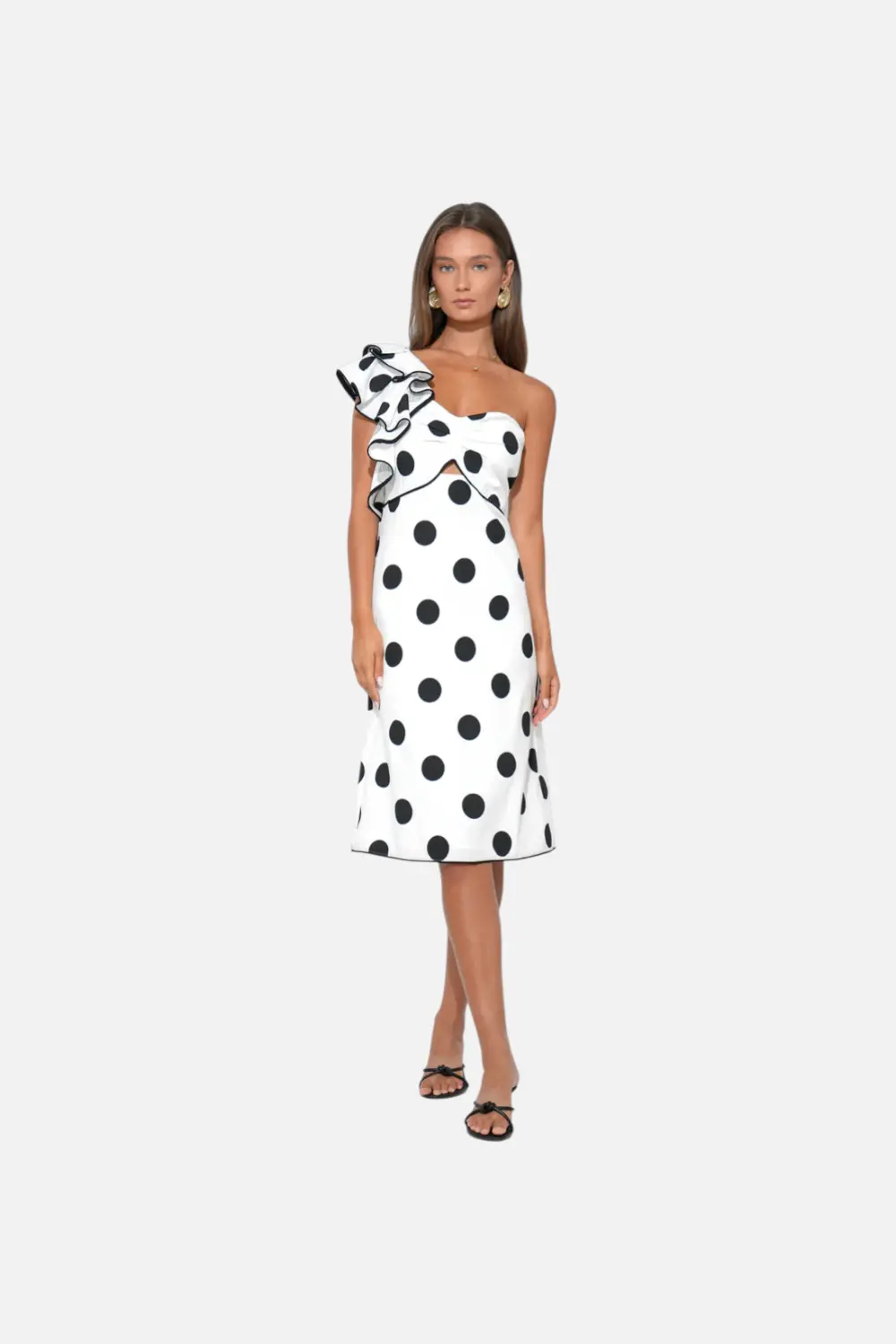 Adelyn Rae Caitlyn One Shoulder Ruffle Linen Dot Midi Dress 1