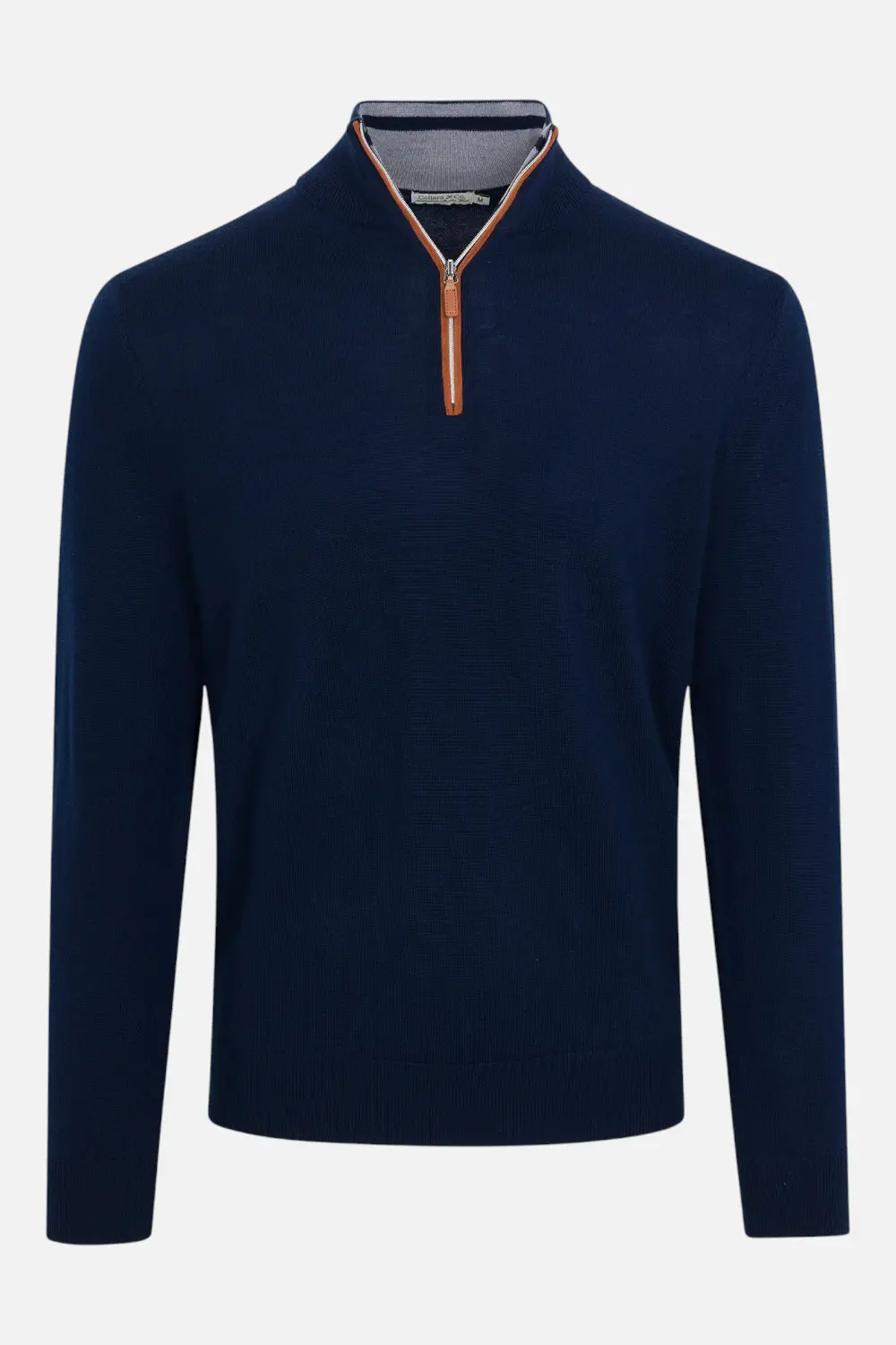 Collars & Co Cashmere Touch Australian Merino 1/4 Zip Sweater In Navy With Brown Suede Trim 1