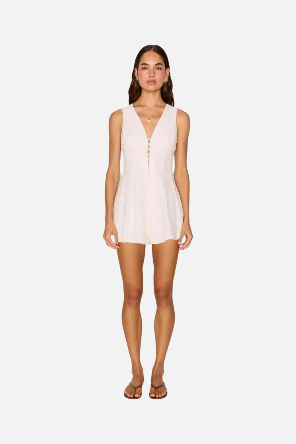 Minkpink Women's Daphne White Cotton Jacquard Button-Up Playsuit 1