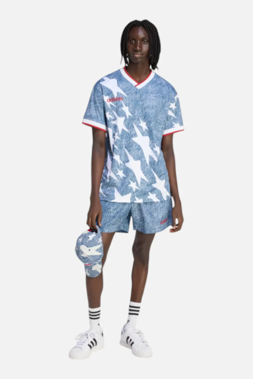 Adidas Men's Denim Graphic Shorts In White & Dark Blue 1