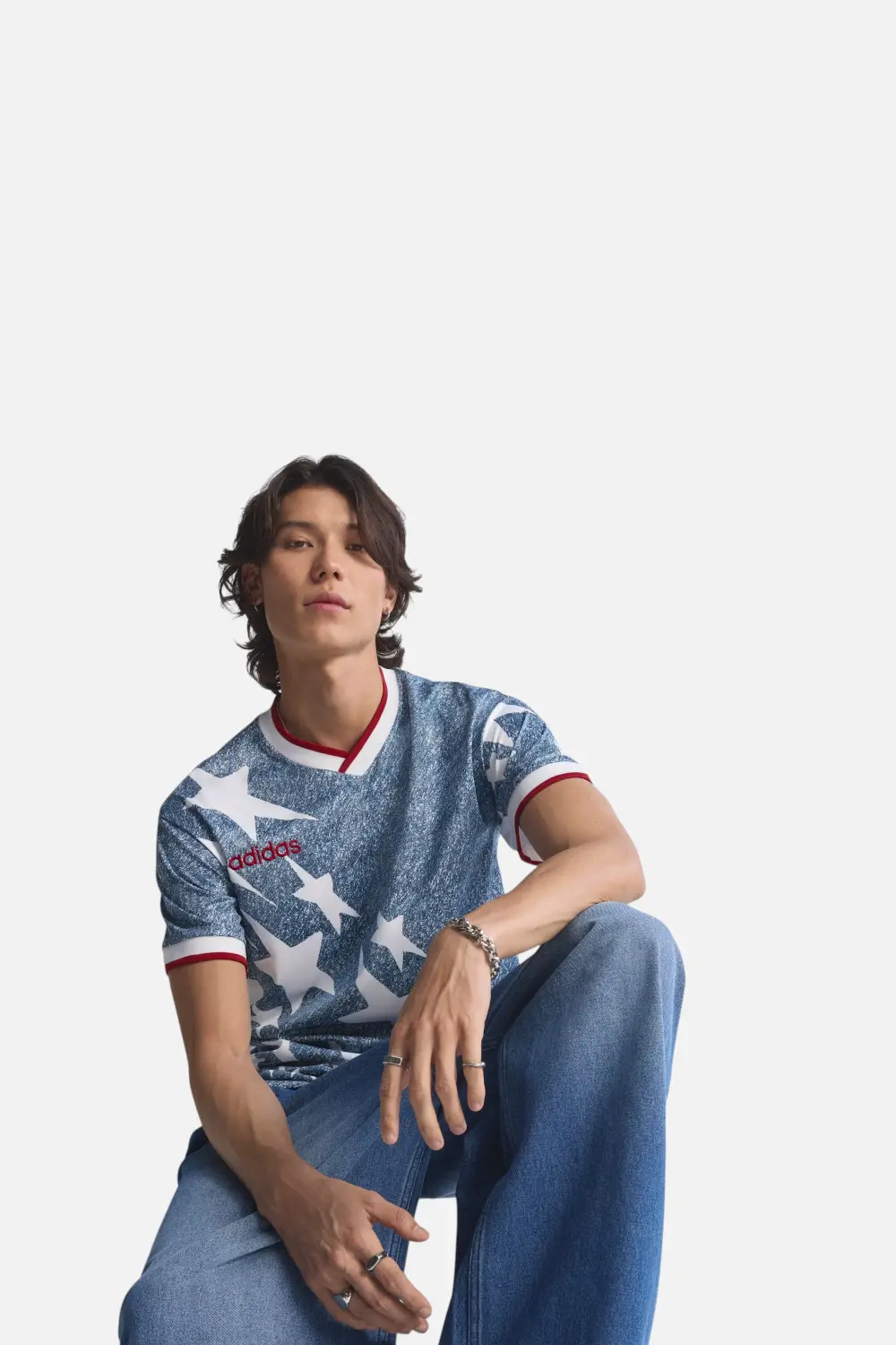 Denim Graphic Jersey In White & Dark Blue 1