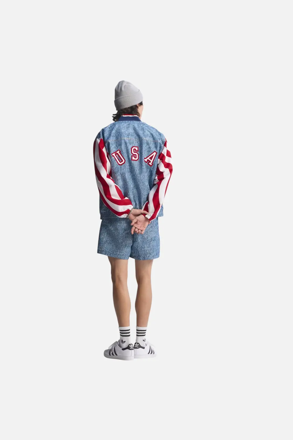 Adidas Denim Graphic Track Top In White & Dark Blue 1