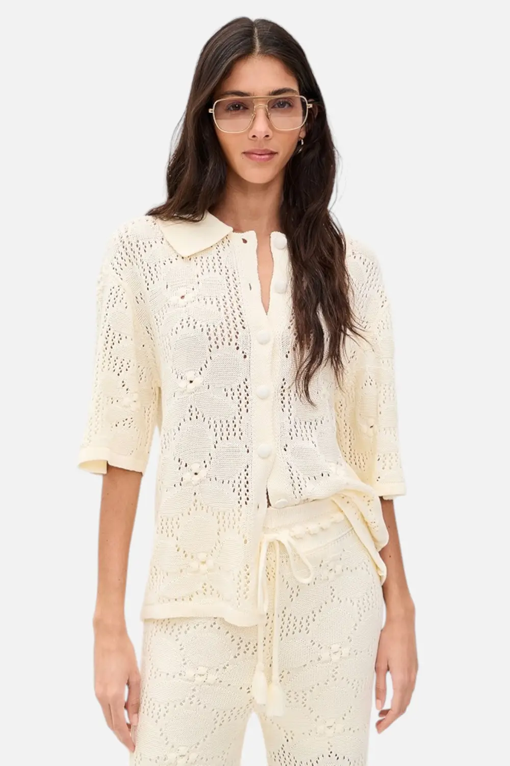 Dress To Floral Crochet Short Sleeve Shirt In Beige 1
