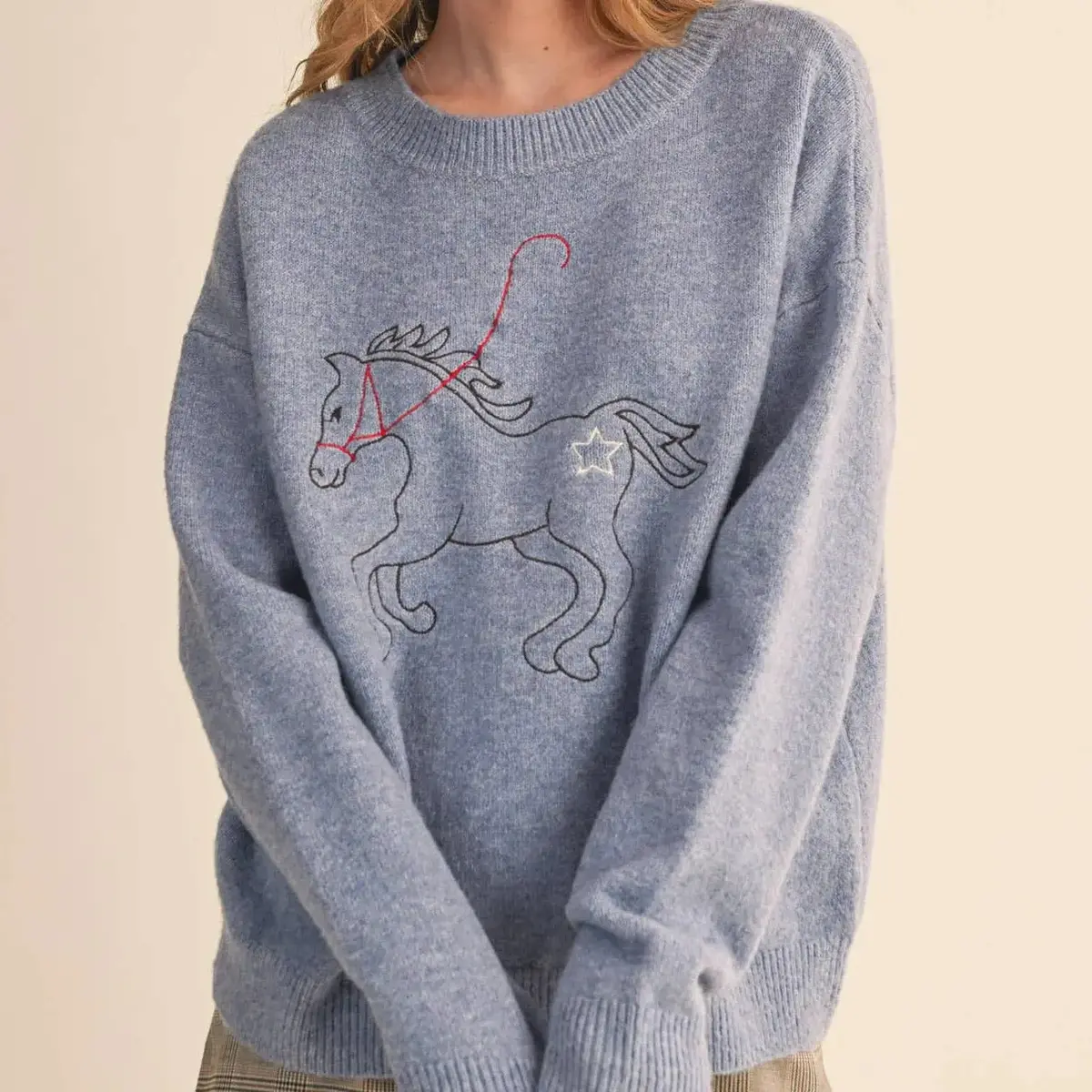 Dusty Blue Horse Sweater 1