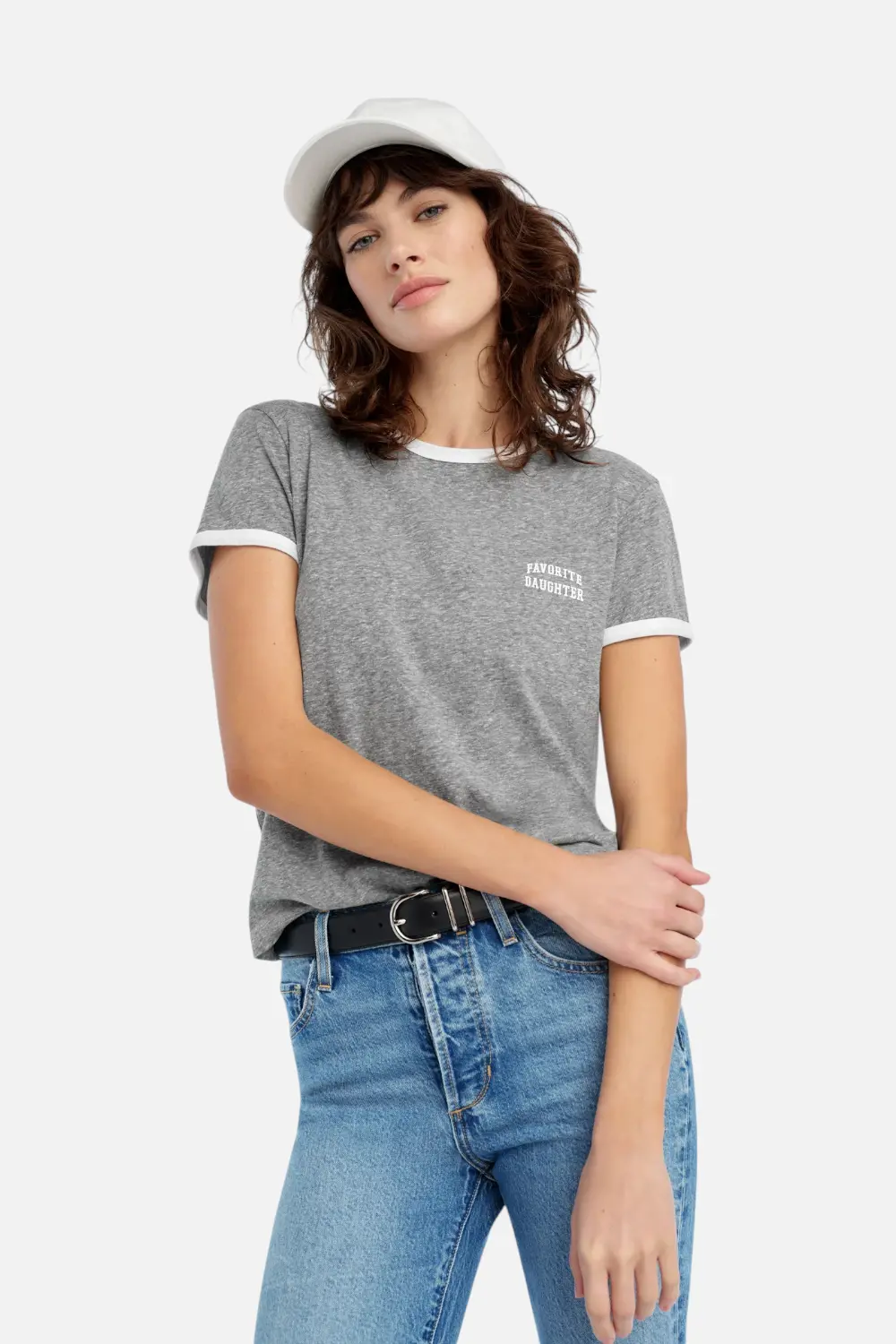 Favorite Daughter Collegiate Chest Logo Ringer Tee In Heather Grey & White 1