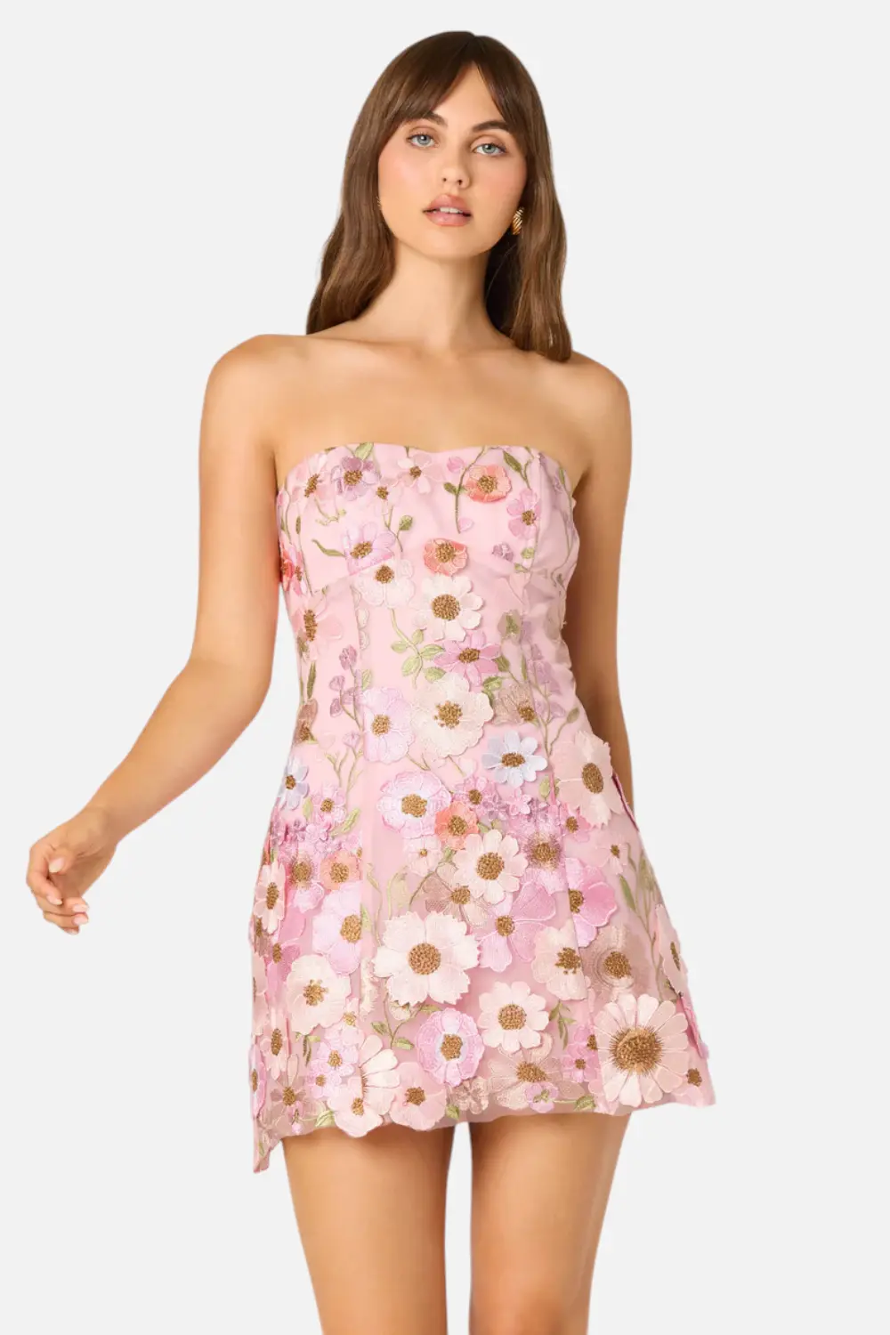 Astr The Label Julisa Embroidered Floral Strapless Mini Dress In Pink Floral 1