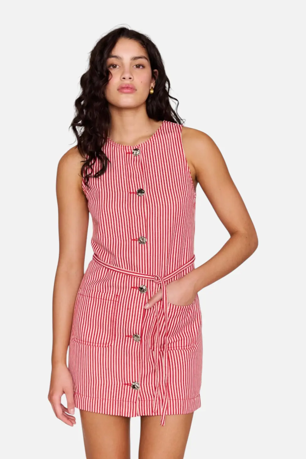 Minkpink Freya Pinstriped Denim Mini Dress In Red Stripe 1