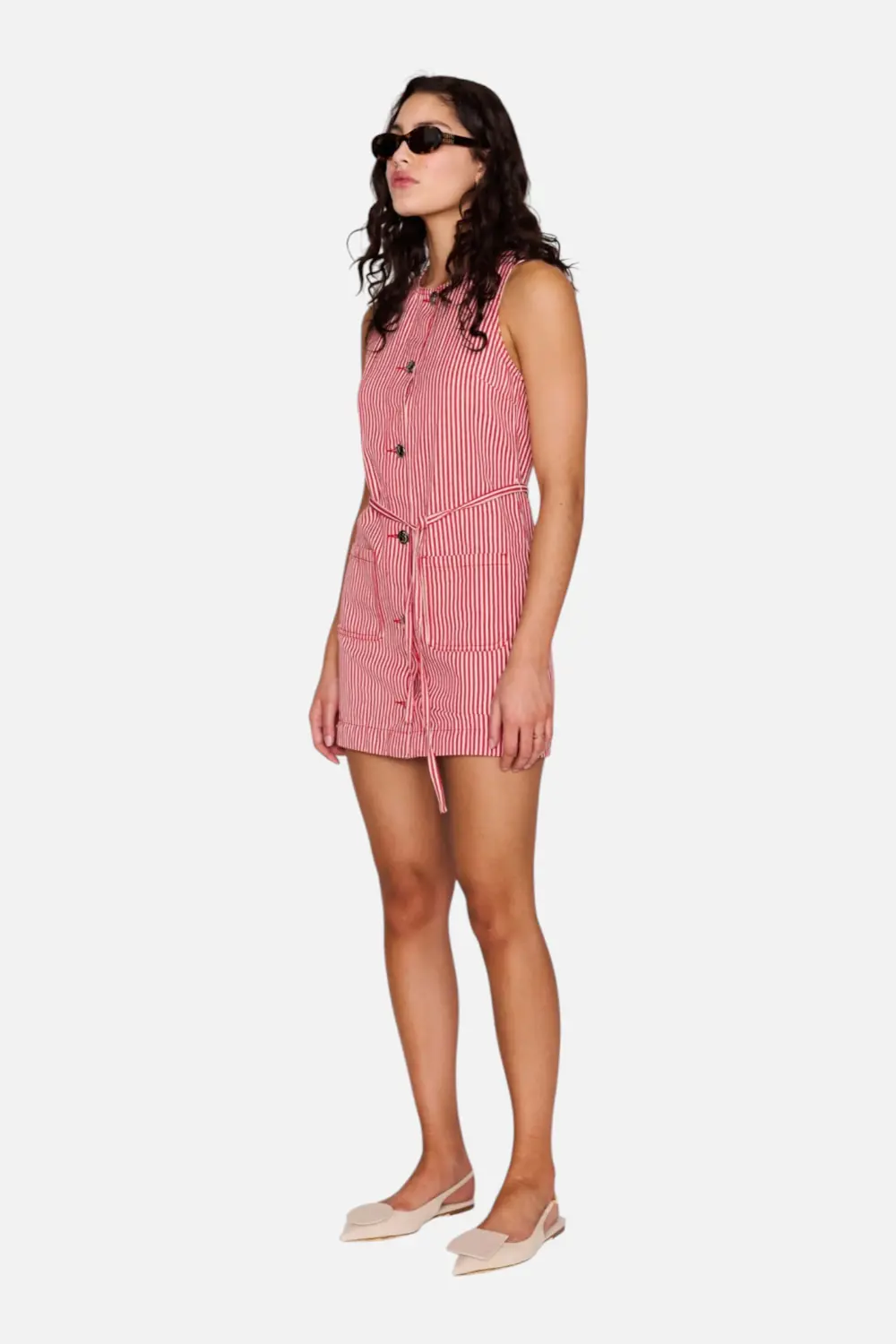 Minkpink Freya Pinstriped Denim Mini Dress In Red Stripe 2