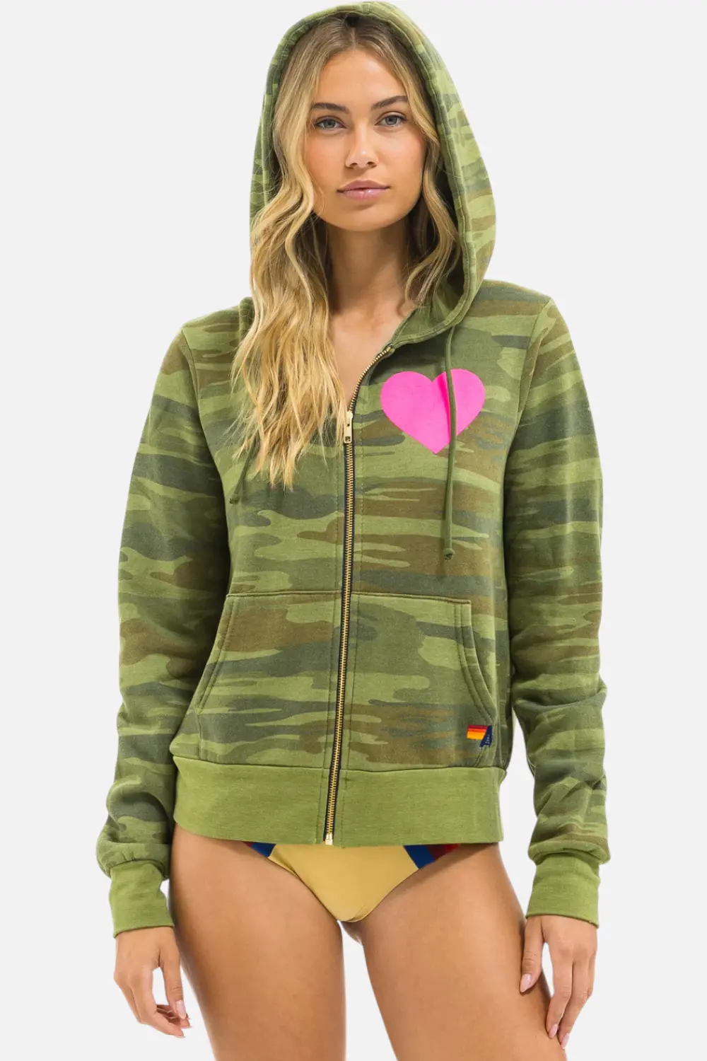 Aviator Nation Heart 2 Zip Hoodie In Camo & Neon Pink 1