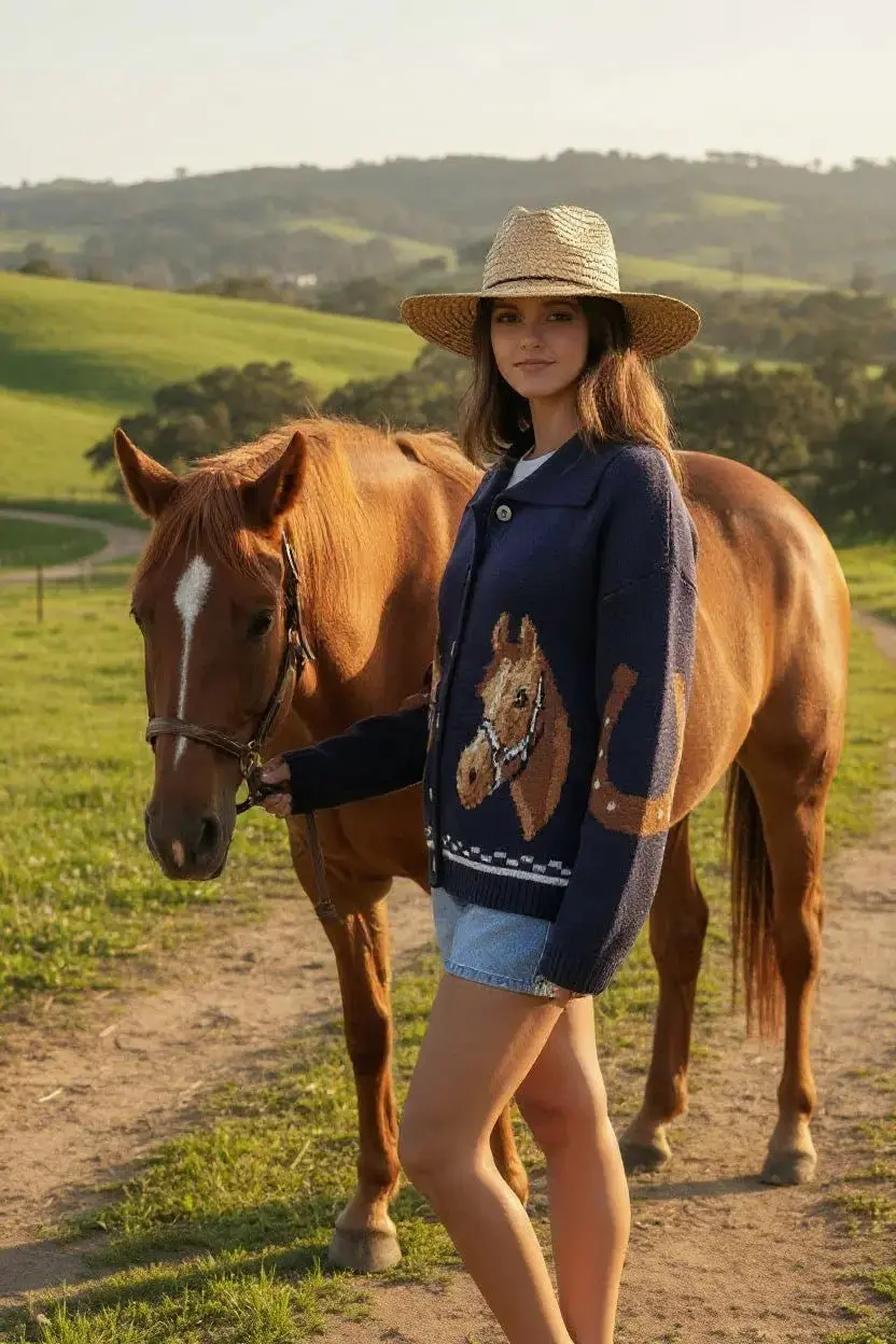 Horse & Horseshoe Button Cardigan (Navy) 1
