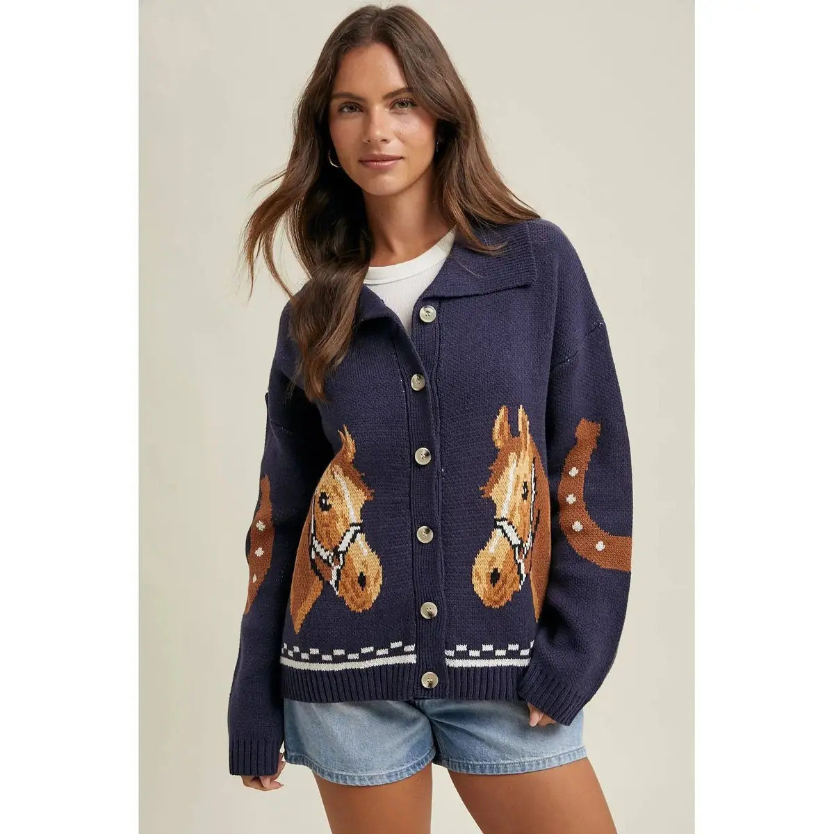 Horse & Horseshoe Button Cardigan (Navy) 2