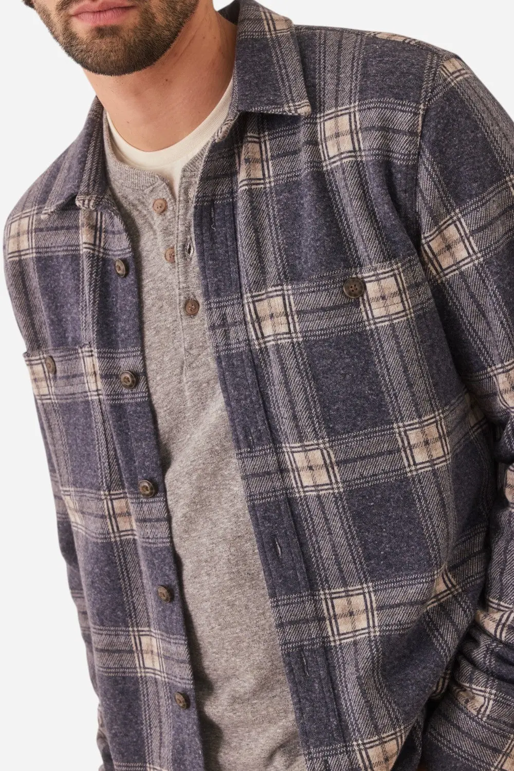 Marine Layer Pacifica Stretch Twill Shirt In Dark Blue Plaid 2