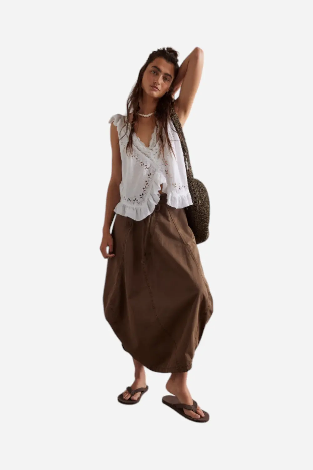 Free People Willow Poplin Midi Skirt In Chocolate 1