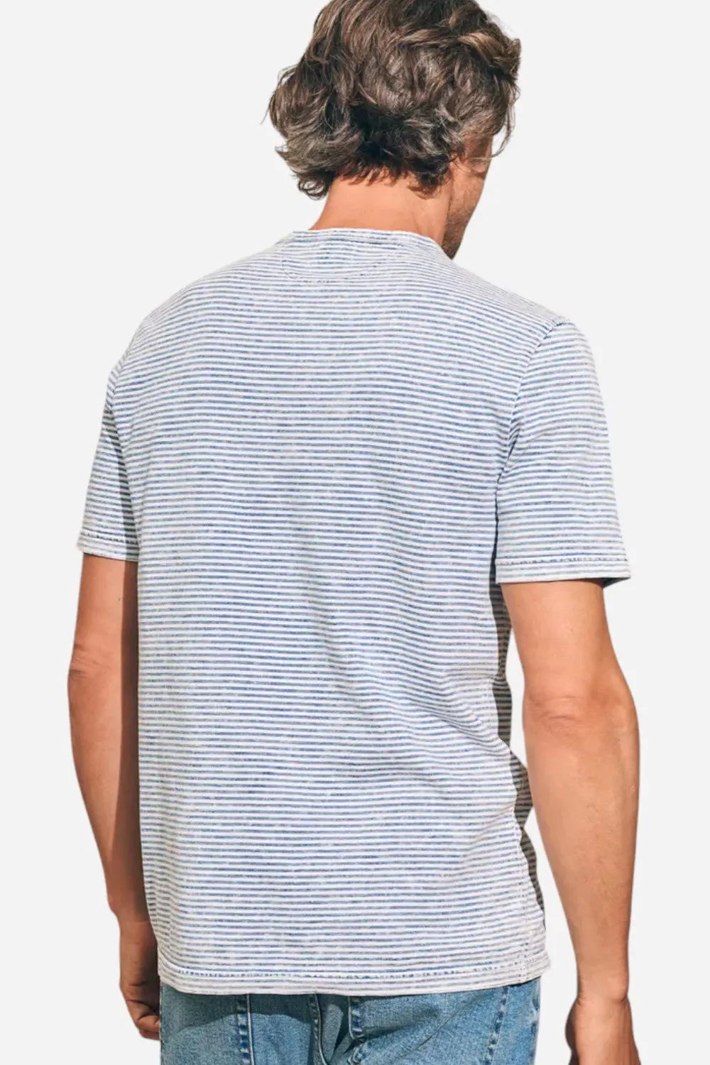 Faherty Short Sleeve Indigo Pocket Tee In Salt Wash Indigo Stripe 2