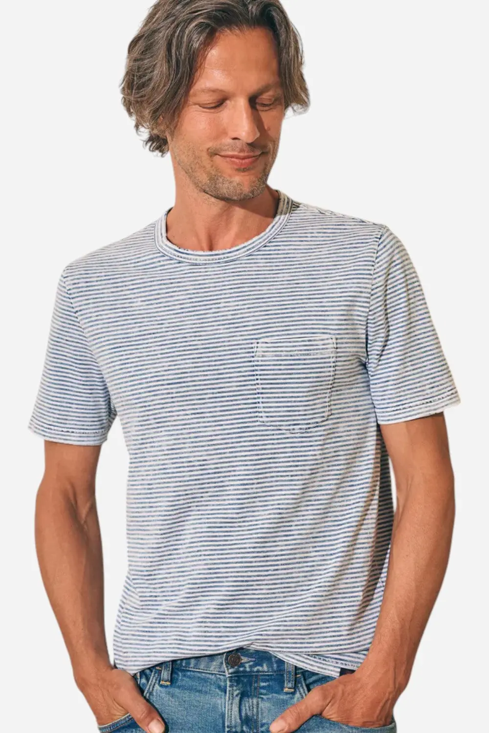 Faherty Short Sleeve Indigo Pocket Tee In Salt Wash Indigo Stripe 1