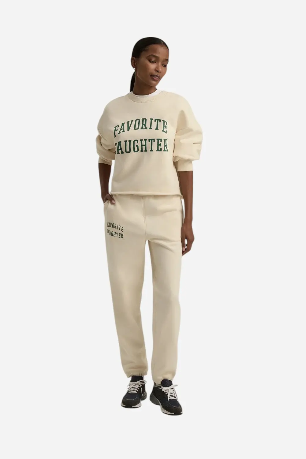 Favorite Daughter Cropped Collegiate Sweatshirt In Gardenia & Emerald 1