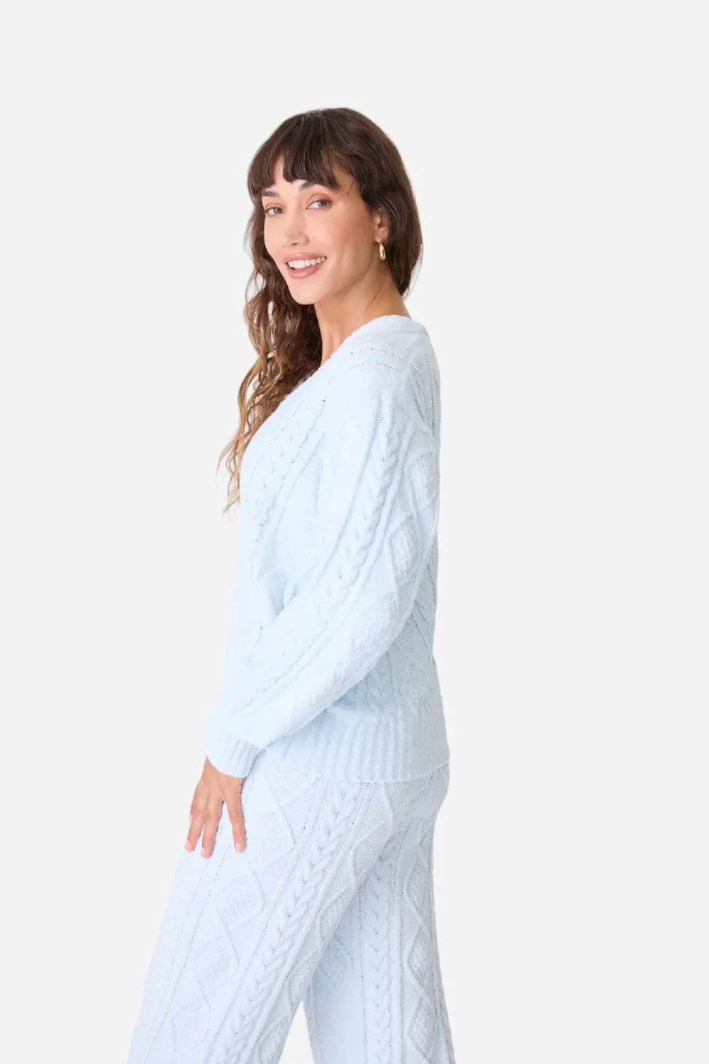 Pj Salvage Long Sleeve Cable Crew Top Blue Air 4