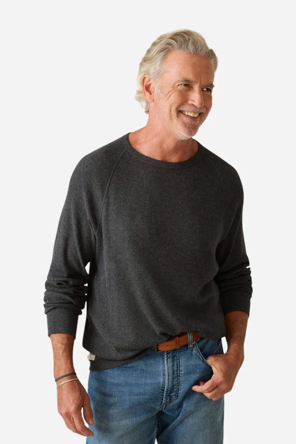 Faherty Long Sleeve Cloud Waffle Crew In Charcoal Heather 1
