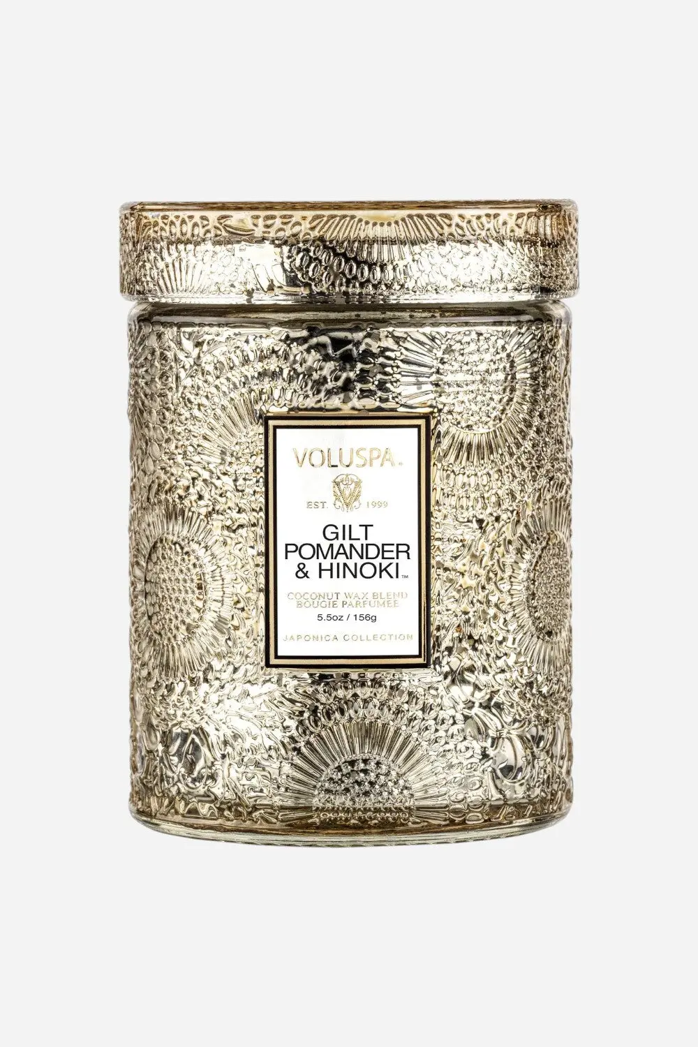 Voluspa Gilt Pomander & Hinoki Small Embossed Glass Candle 1