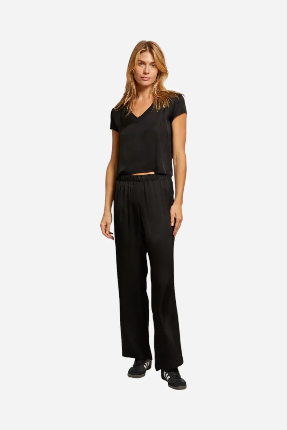 Perfect White Tee Camile Satin Wide Leg Pant In True Black 1