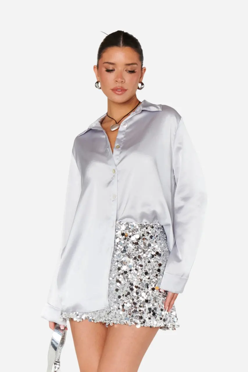 Show Me Your Mumu Smith Button Down Silver Luxe Satin 1