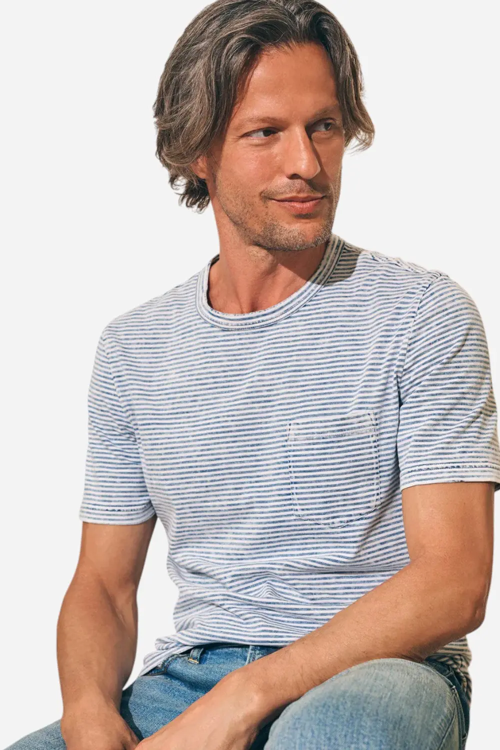 Faherty Short Sleeve Indigo Pocket Tee In Salt Wash Indigo Stripe 4