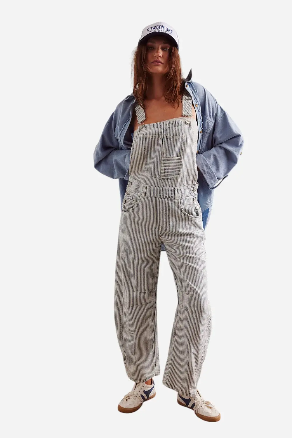 Free People Good Luck Striped Overalls In Indigo Railroad 1