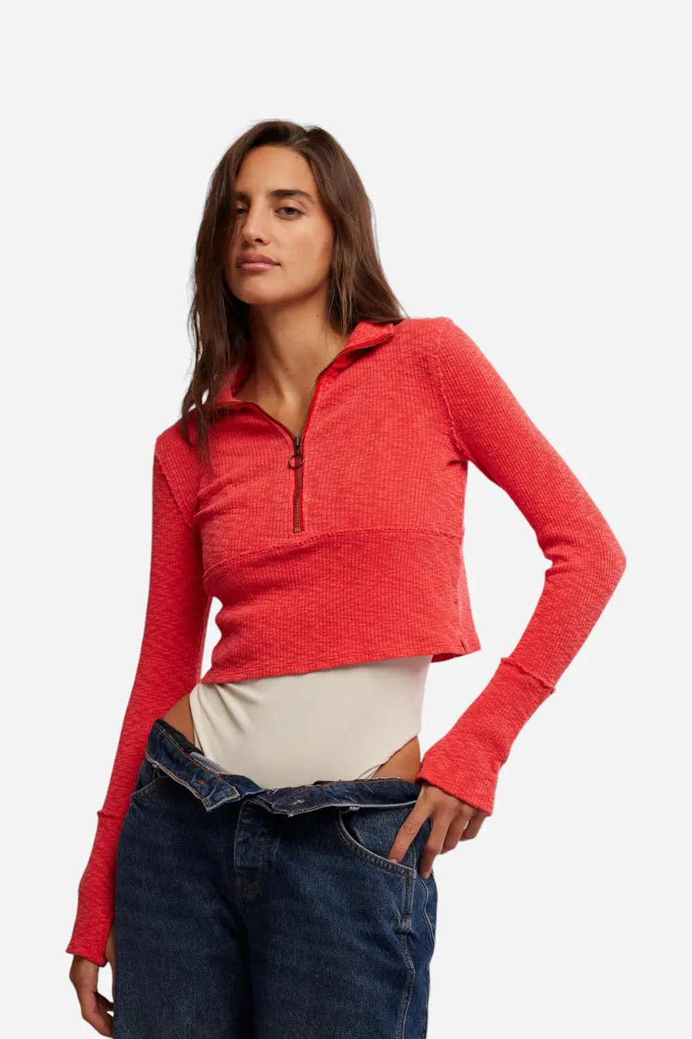 Free People Midnight Half Zip In High Risk Red 1