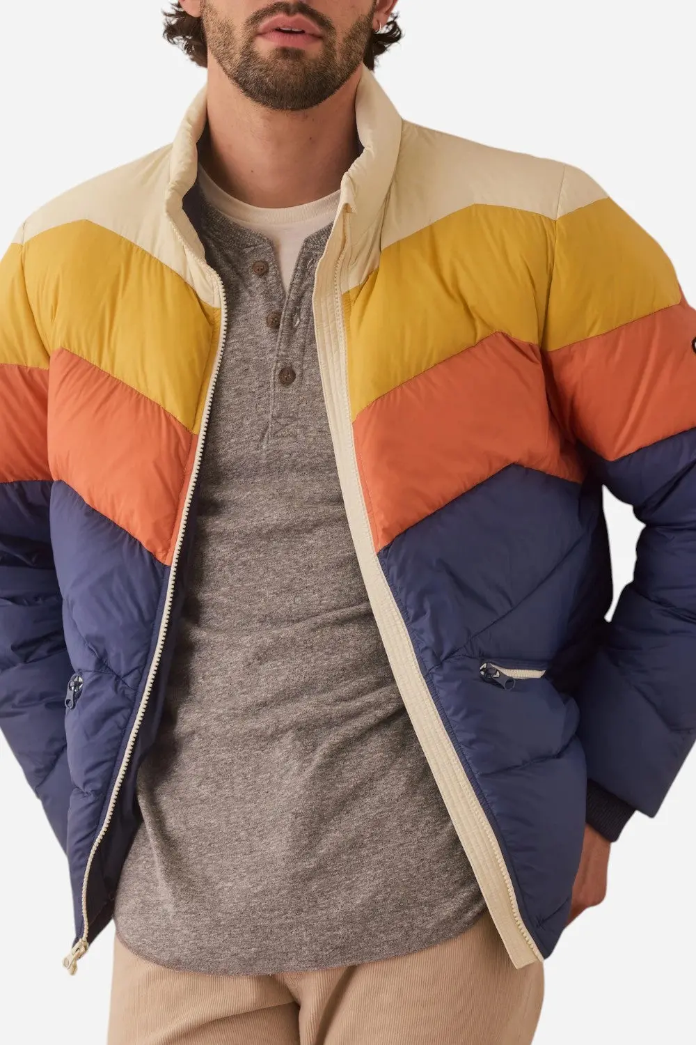 Marine Layer Colorblock Puffer Jacket In Blue/Orange Colorblock 2