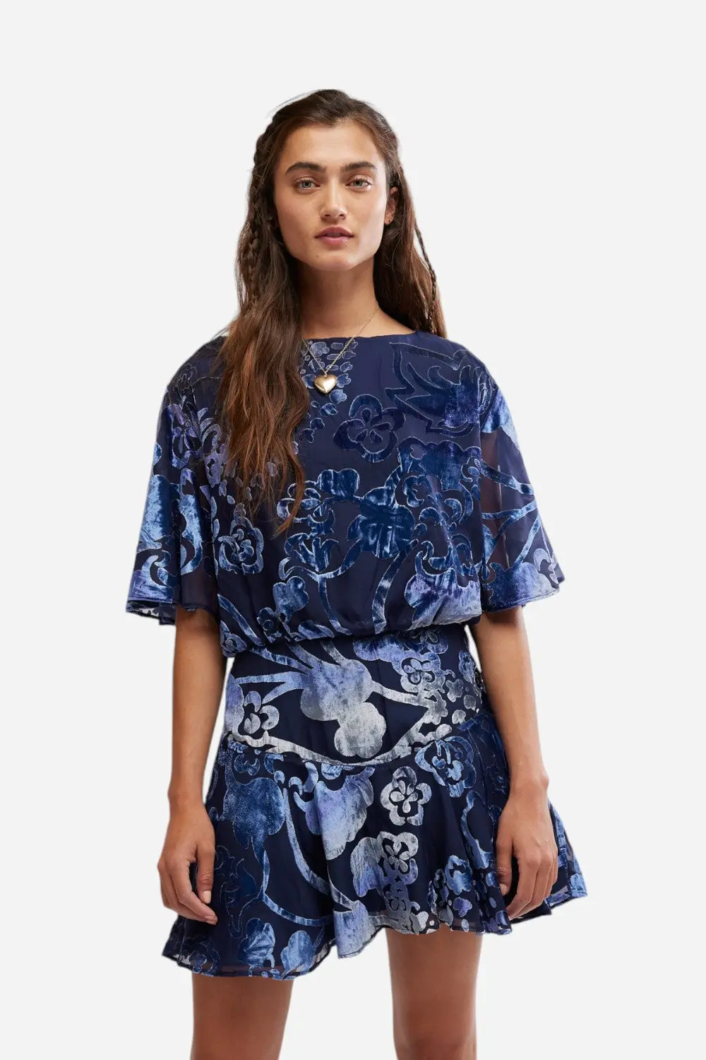 Free People Manuka Burnout Velvet Mini Dress In Navy Combo 1