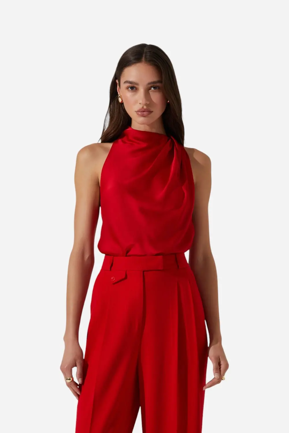 Astr Iza Satin High Neck Top In Red 1