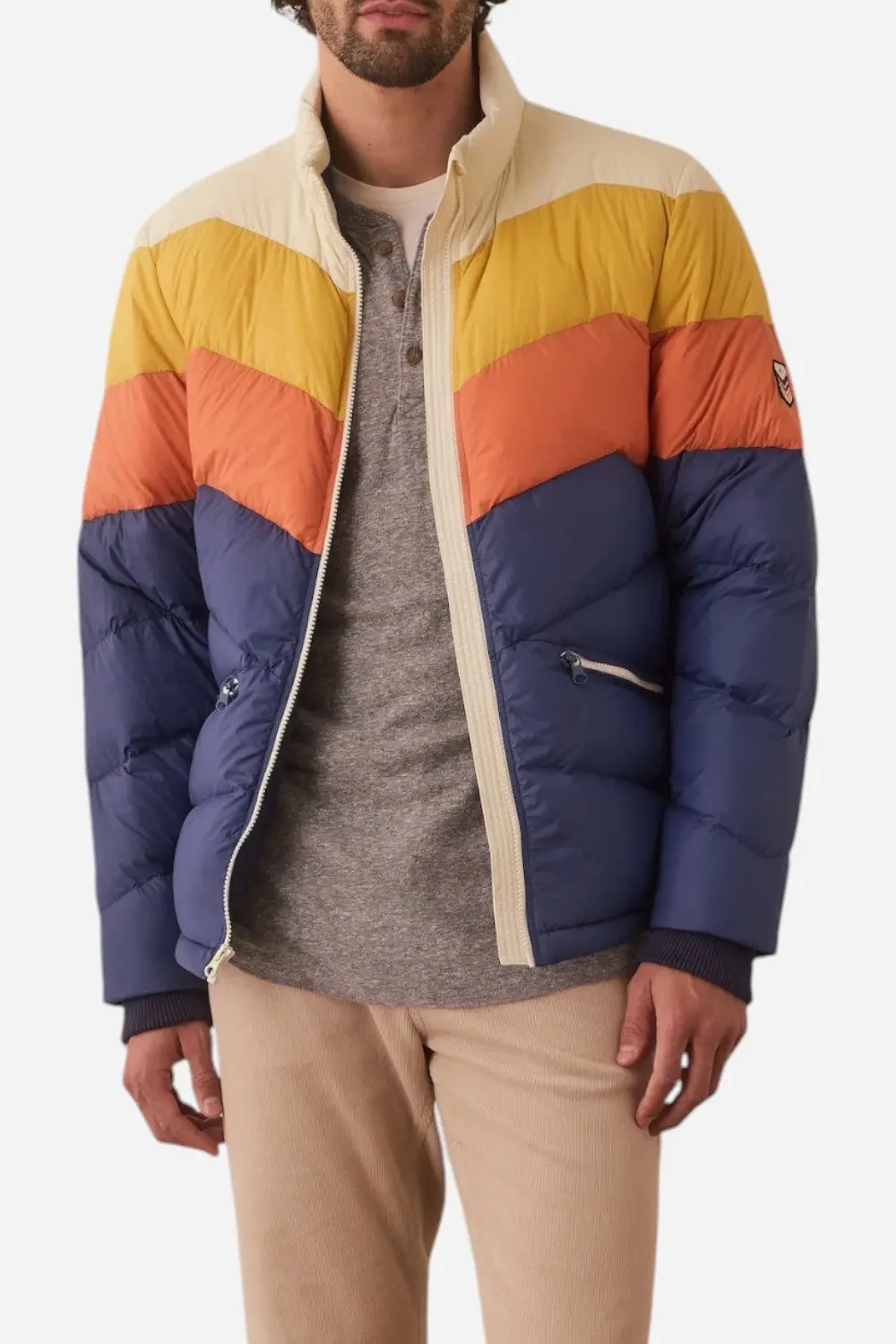 Marine Layer Colorblock Puffer Jacket In Blue/Orange Colorblock 1