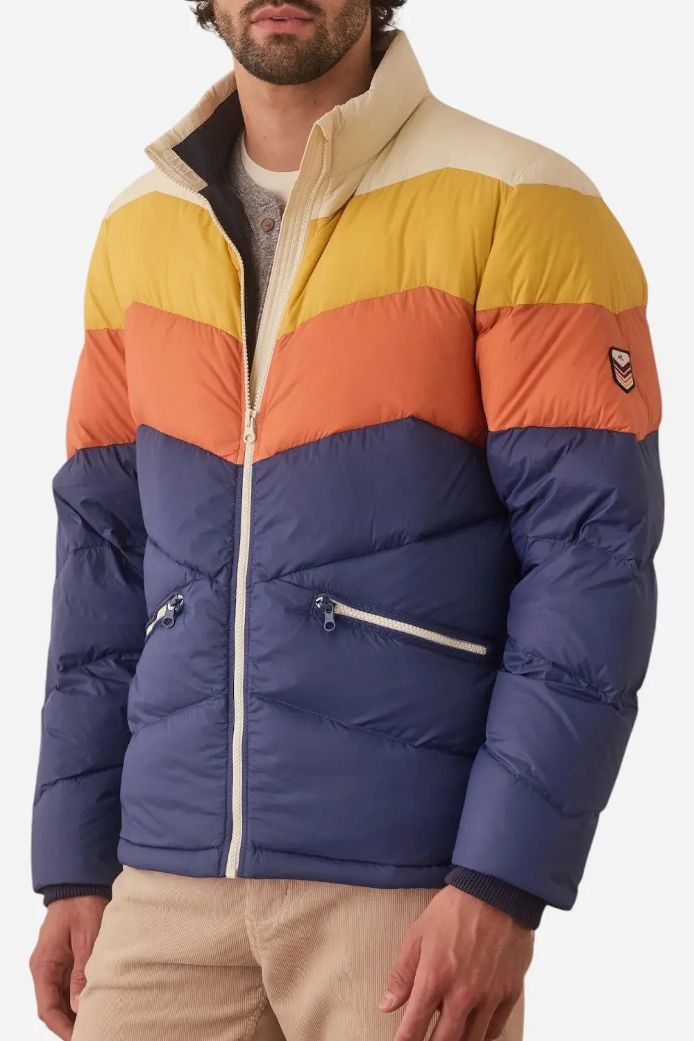 Marine Layer Colorblock Puffer Jacket In Blue/Orange Colorblock 3
