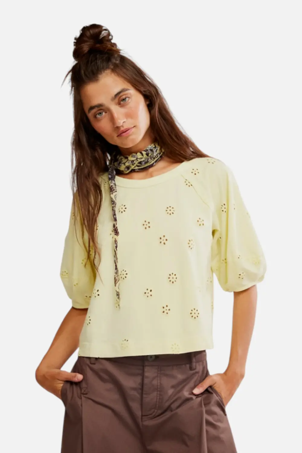 Free People Jessie Eyelet Tee In Lemon Water Combo 1