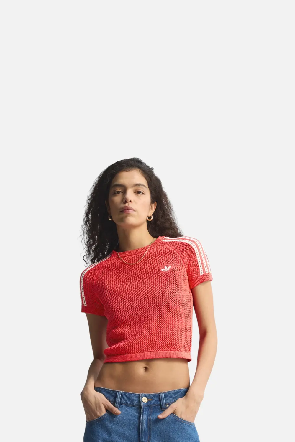 Adidas Knitted Crochet Cali Tee In Semi Lucid Red 1