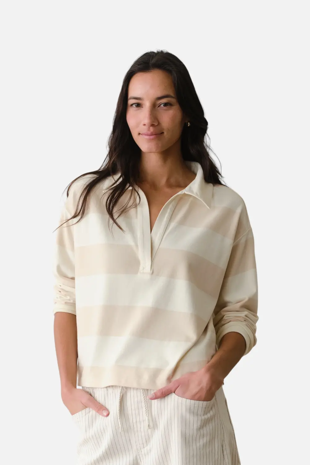 Marine Layer Women's Luxe Sueded Polo Tee In Cream Stripe 1