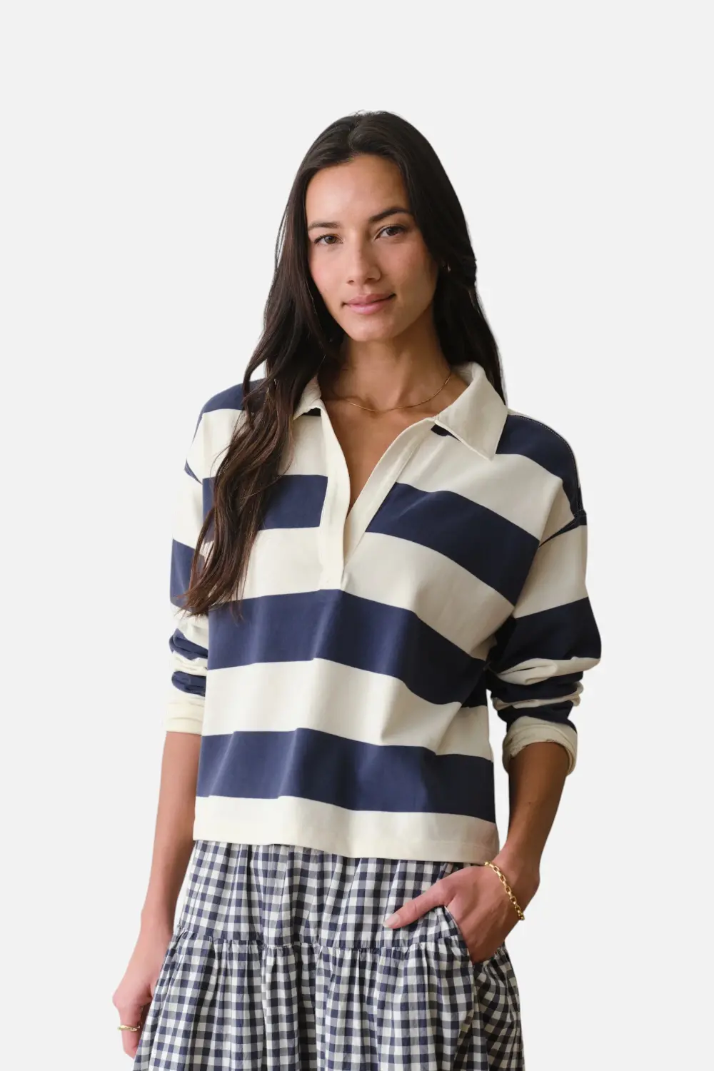 Marine Layer Women's Luxe Sueded Polo Tee In Navy Stripe 1