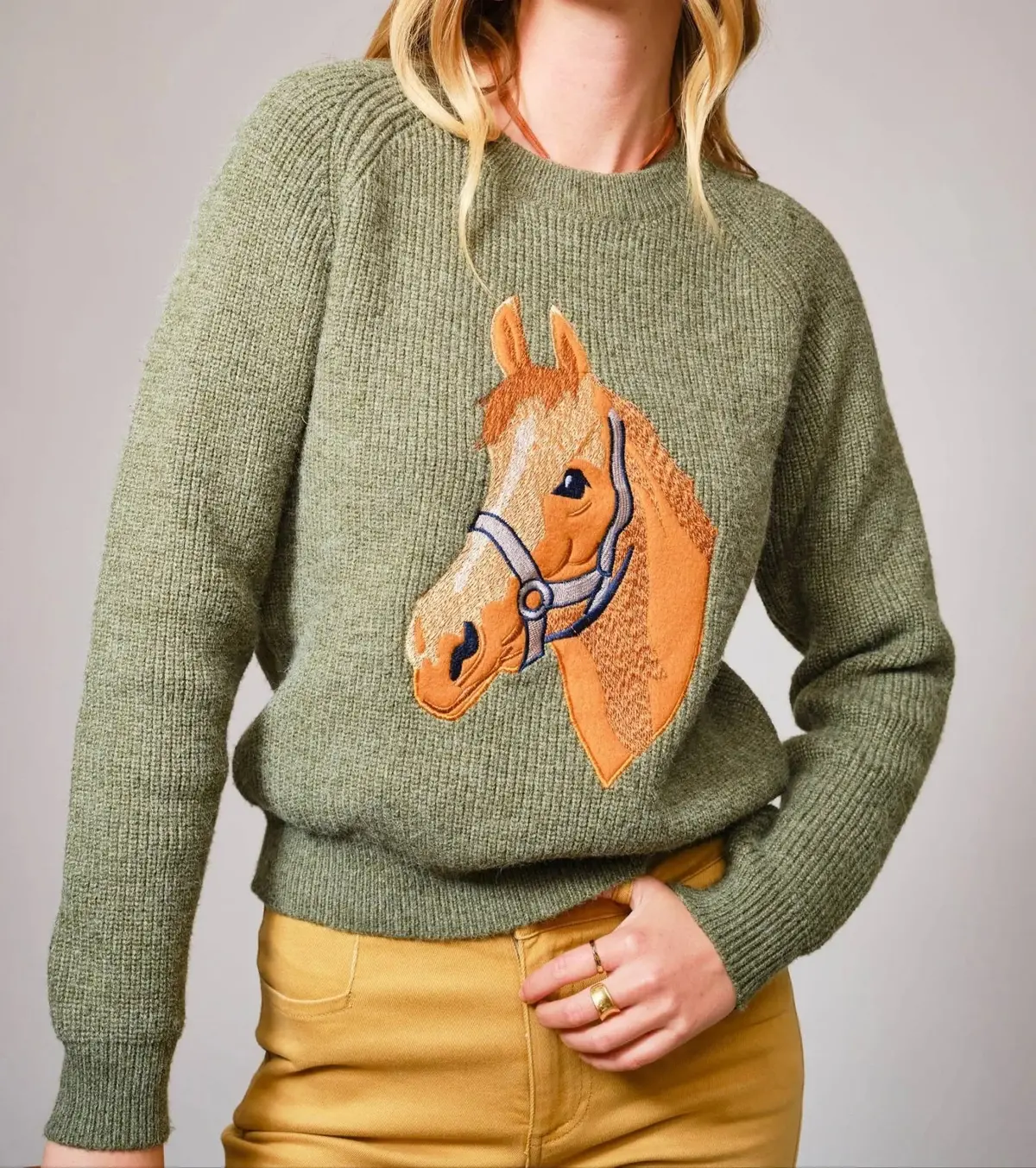 Olive Horse Embroidered Sweater 1