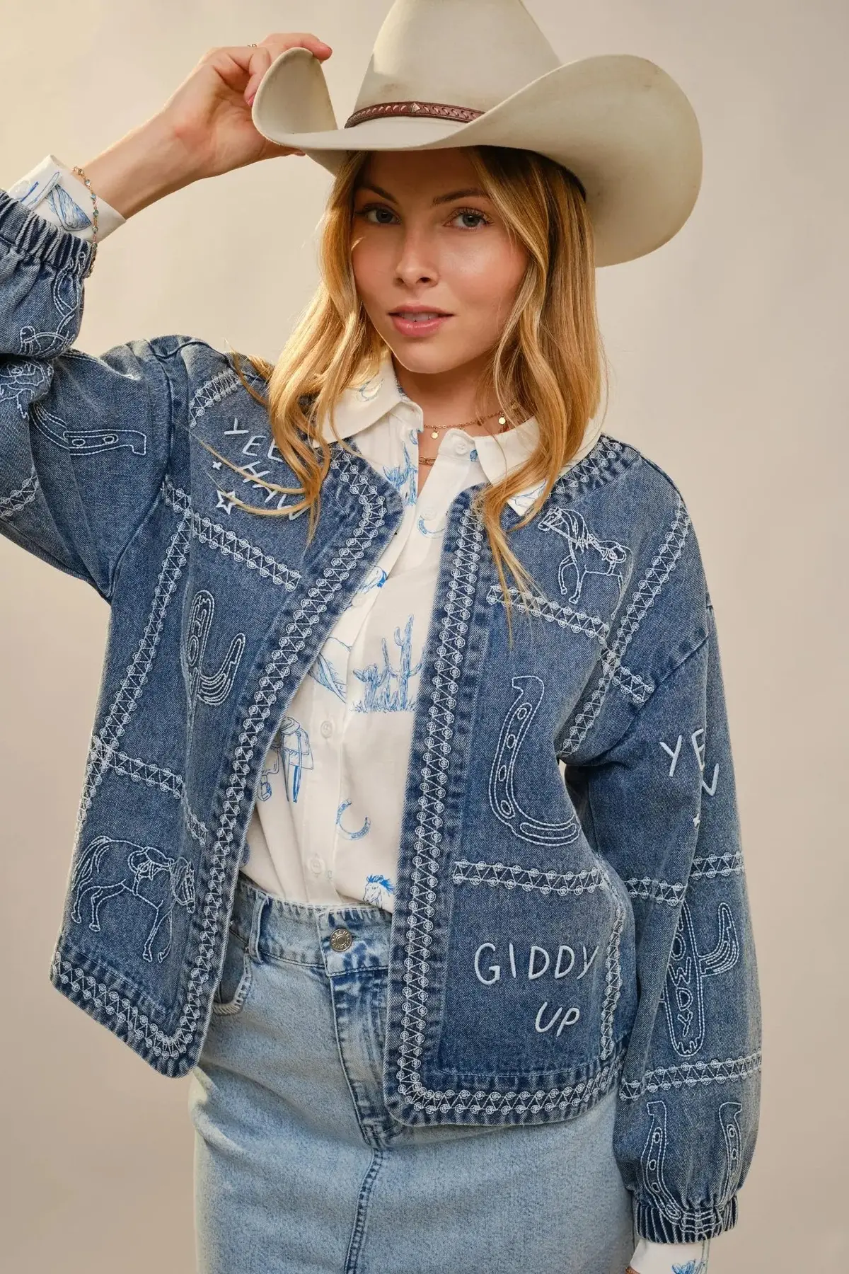 Puff Cowgirl Embroidery Sleeve Denim Jacket 1