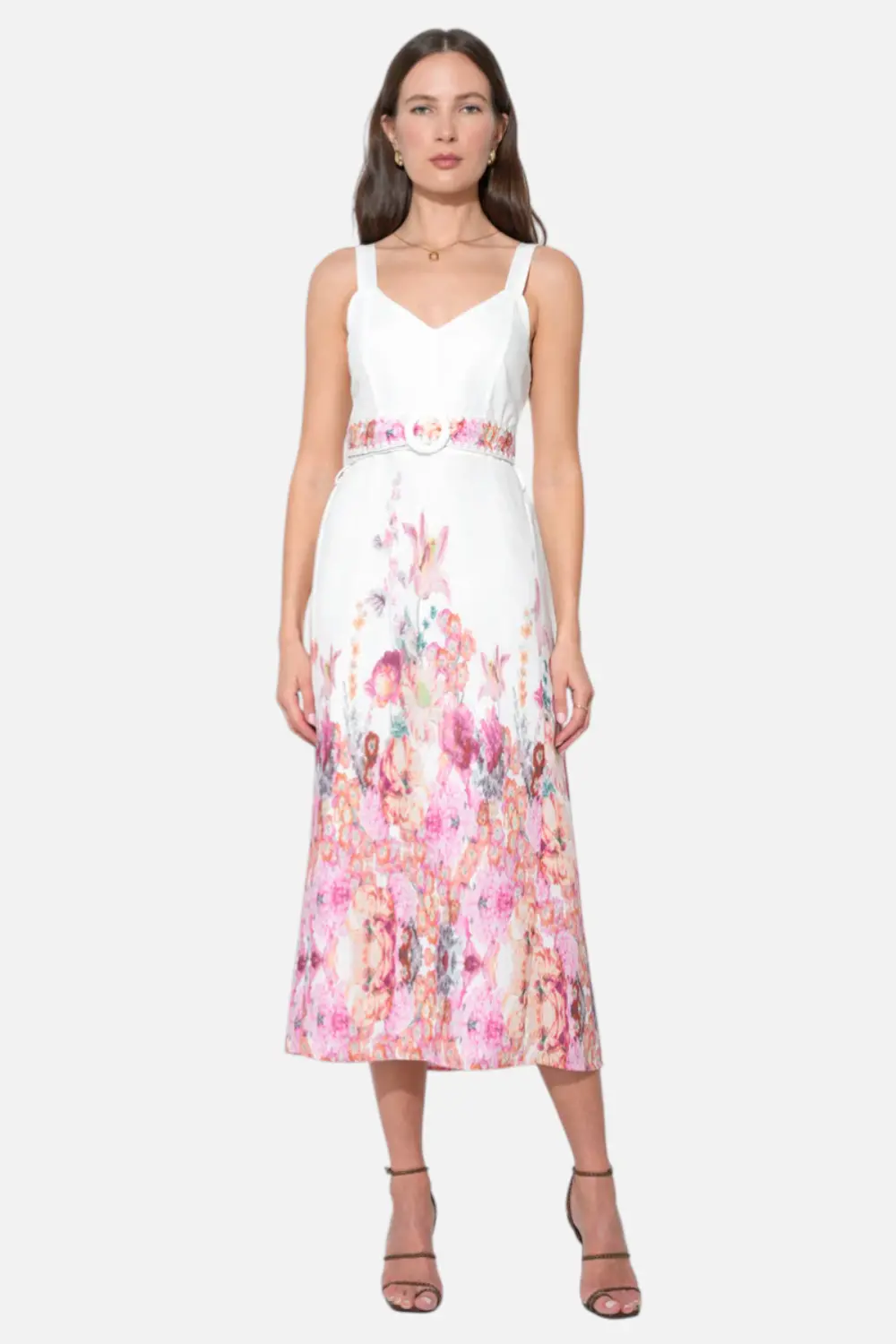 Adelyn Rae Remi V-Neck Floral Placement Midi Dress In White 1