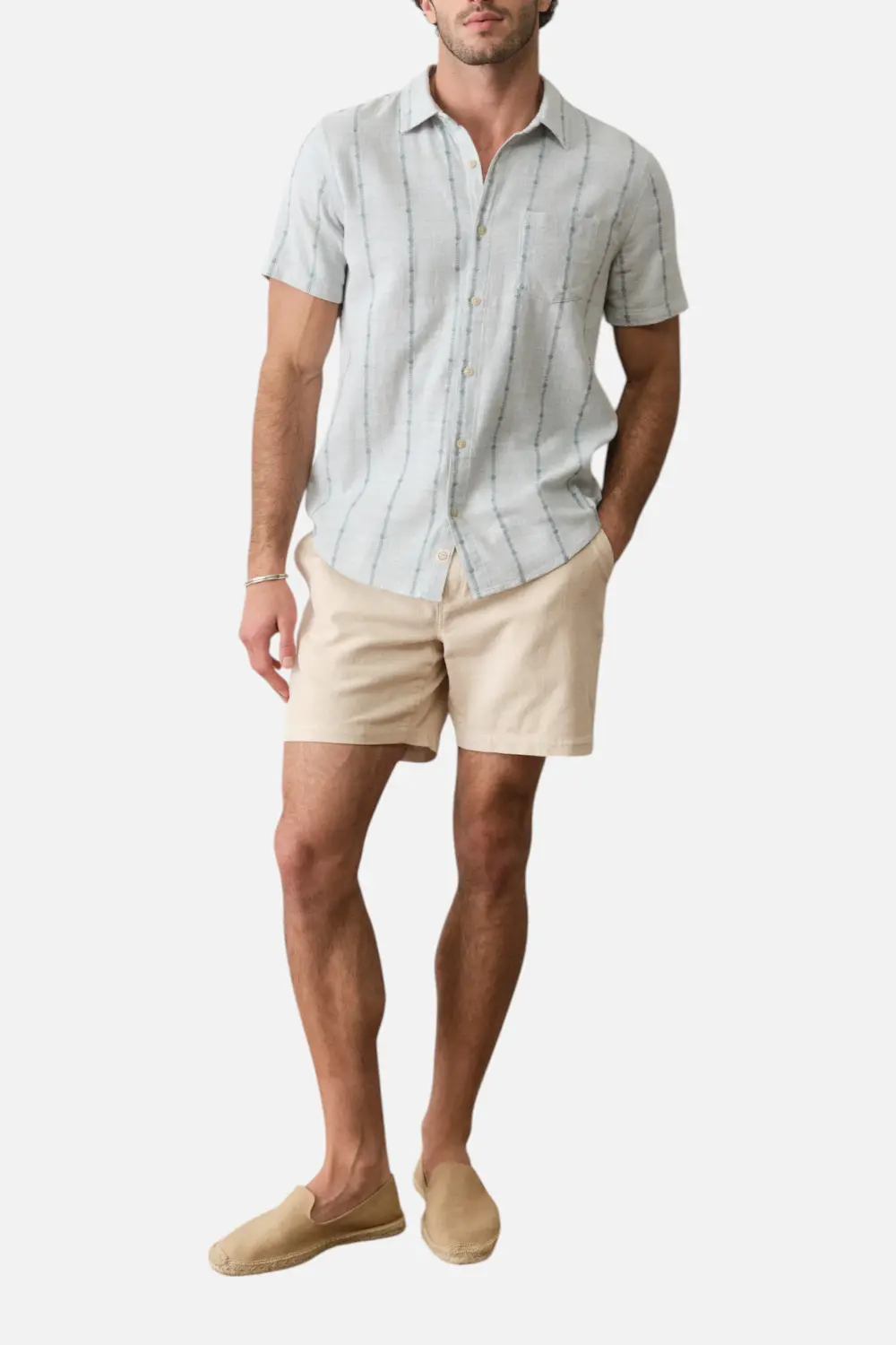 Marine Layer Men's Stretch Selvage Short Sleeve Shirt In Blue Embroidery 1