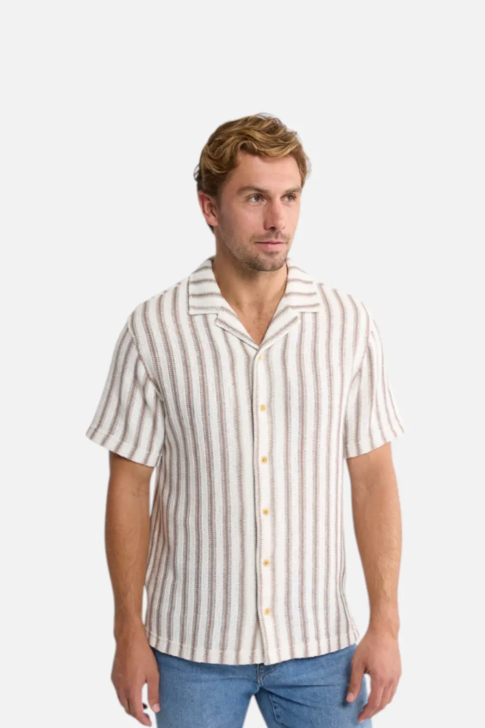 Fair Harbor Waveloom Crochet Shirt In Natural Strip 1