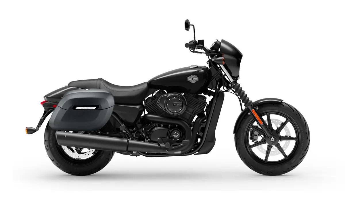 36L - Lamellar Raven Extra Large Shock Cut-Out Leather Covered Motorcycle Hard Saddlebags For Harley Street 500 2