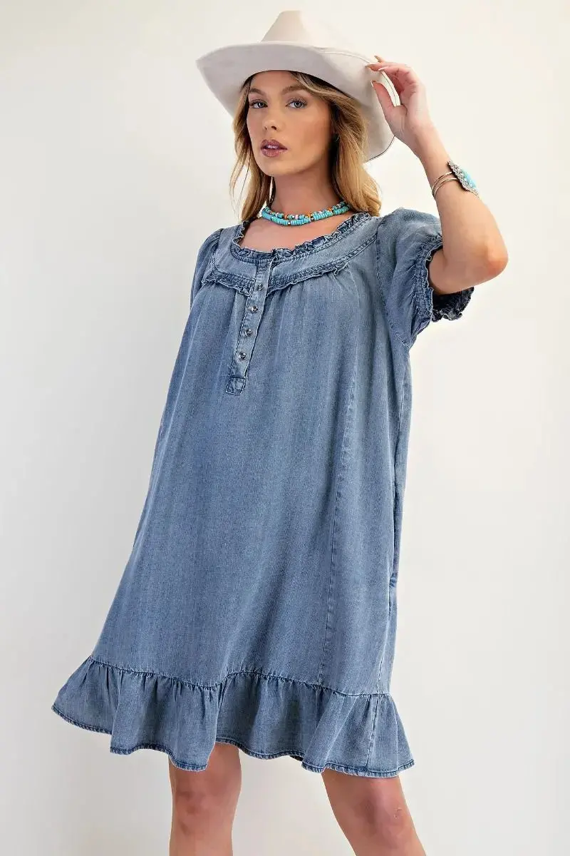 Washed Chambray Ruffle Dress 1